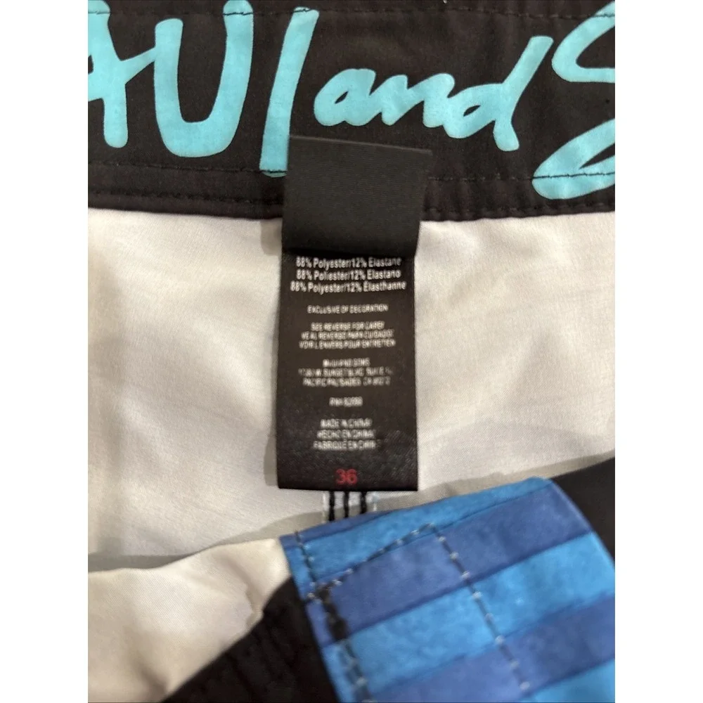 Board Shorts MAUI AND SONS Black shark Stretch  White Blue  Swim Trunk‎ Sz 36